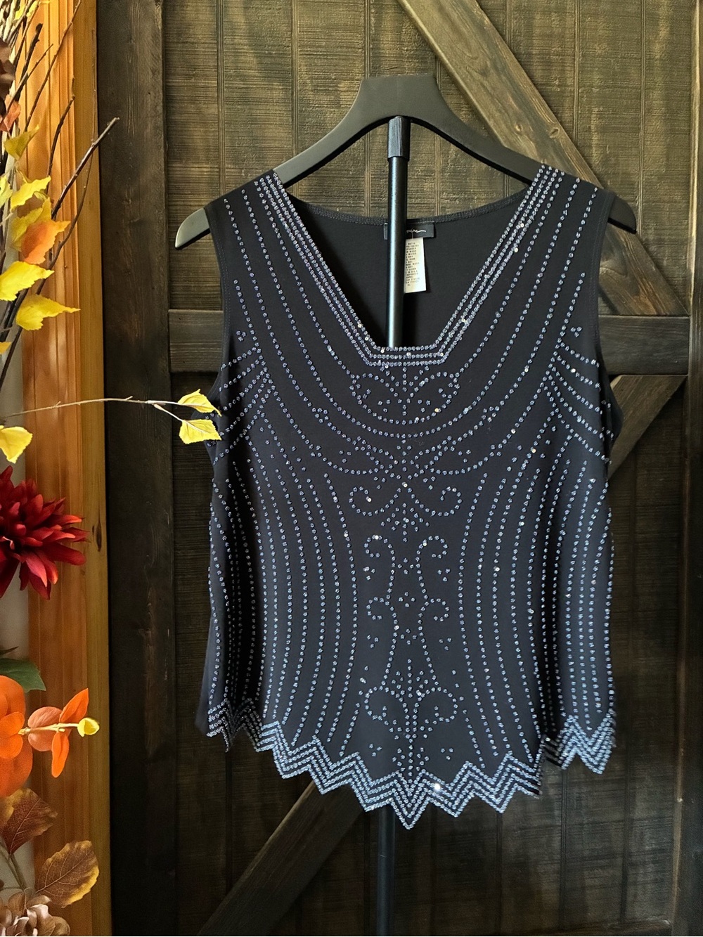 Black Beaded V-Neck Sleeveless Camisole.